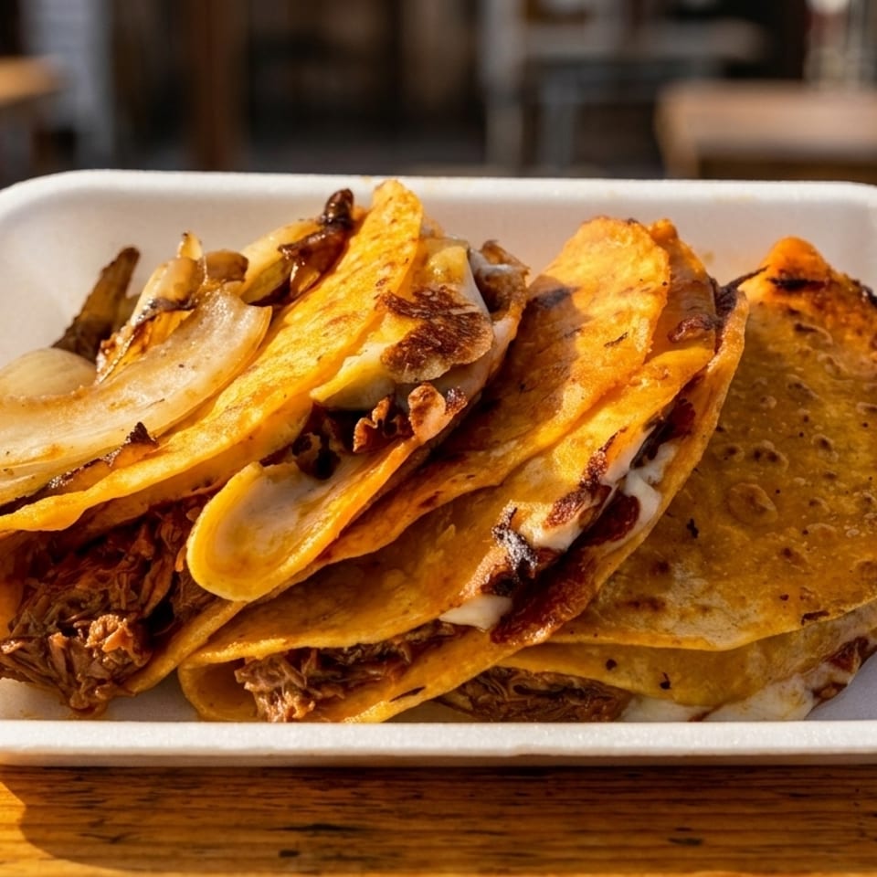 A white takeout container holds several golden-brown birria tacos with melted cheese and grilled onions.