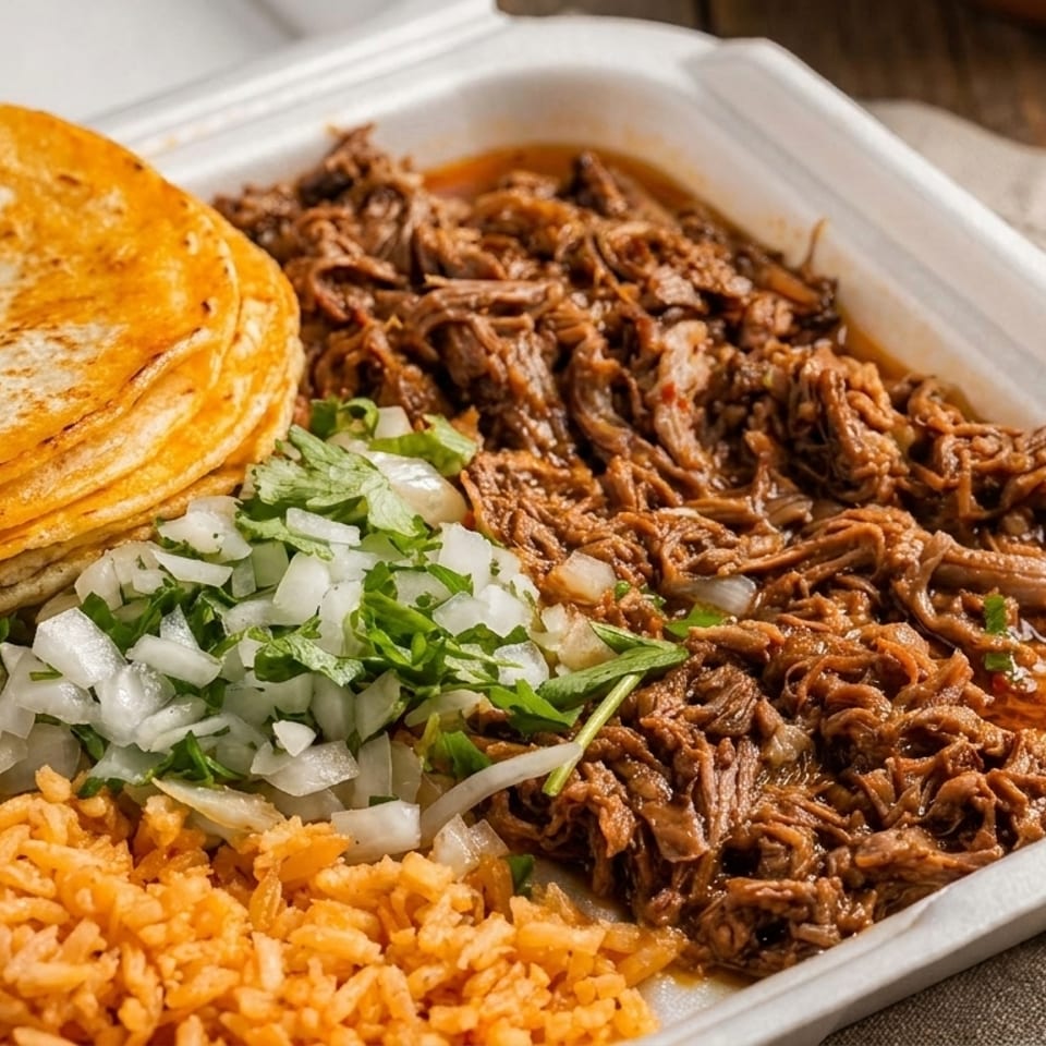 Birria de chivo with tortillas, rice, and diced onions and cilantro in a takeout container.