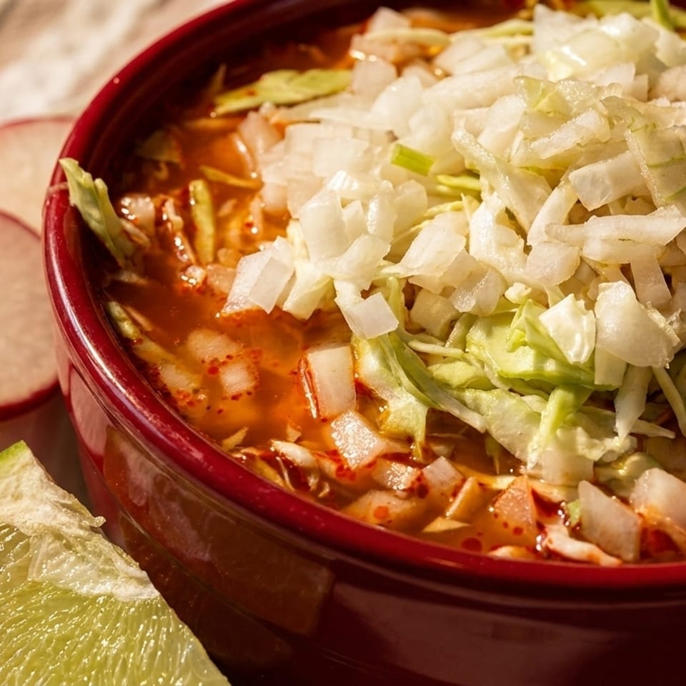 A red bowl of pozole with shrimp, topped with diced onions and shredded cabbage, served with lime and radishes.