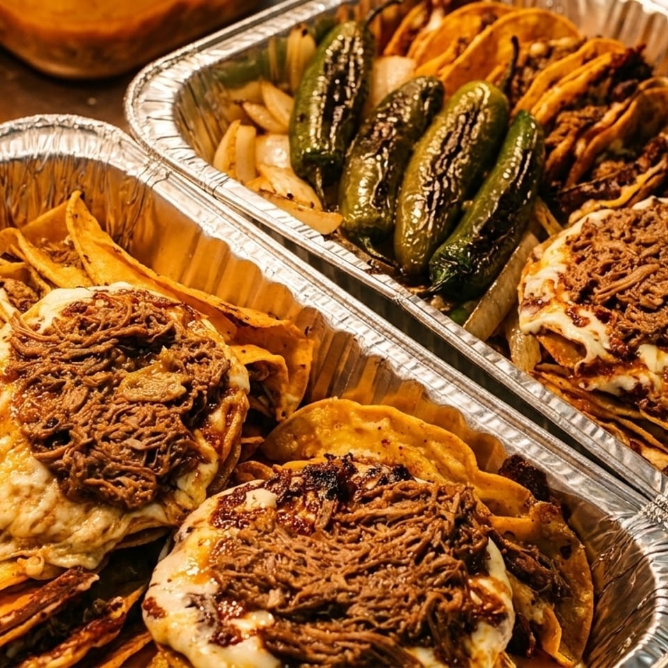 Two foil trays filled with cheesy birria tacos, grilled onions, and charred green peppers.