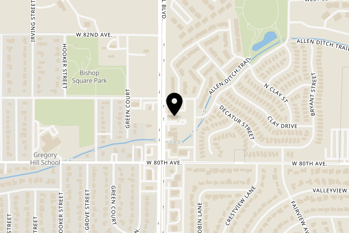 Map showing the location of La Jalisquilla on 8040 Federal Blvd in Westminster
